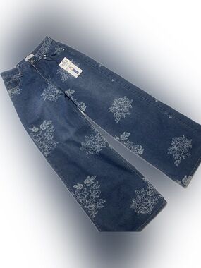 90’s style Floral-Print super Wide Leg Jeans — Dark Blue